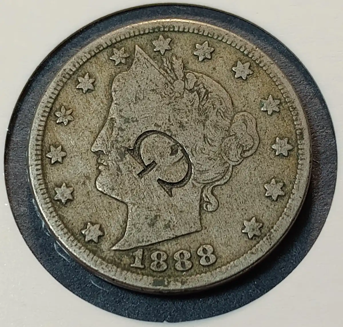 Counter-Stamped-1888-Liberty-Nickel-W/Environmental-Damage