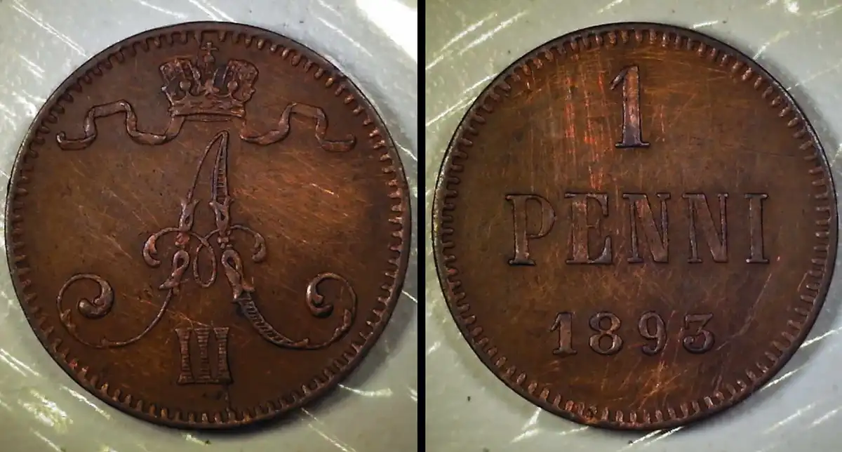1893-Finland---1-Penni-W/Interesting-Die-Cracks