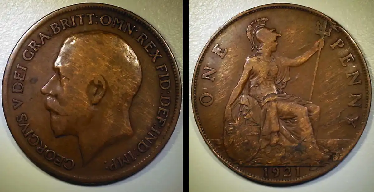 1921-Great-Britain---1-Penny-W/Severe-Lamination