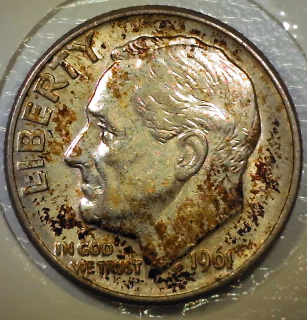 1961-D-Toned-Roosevelt-Dime-Fridb-Around-Mouth
