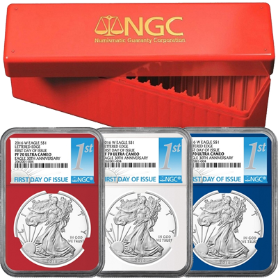 First-Day-Of-Issue-Red-White-And-Blue-2016-Proof-Silver-Eagle-3-Pc-NGC-Sets