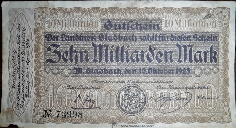 1923-10-Billion-Mark,-District-Of-Gladbach-Note