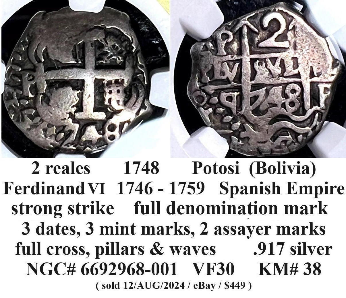 2-Reales-Ferdinand-VI-Potosi-Cob,-Scarce-To-Rare-Strike-Features-/-3-Visible-Dates