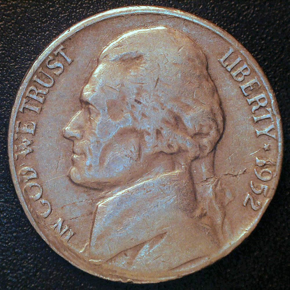 1952-Jefferson-Nickel,-Double-Sided-Lamination,-With-Incuse-Rim-Lettering