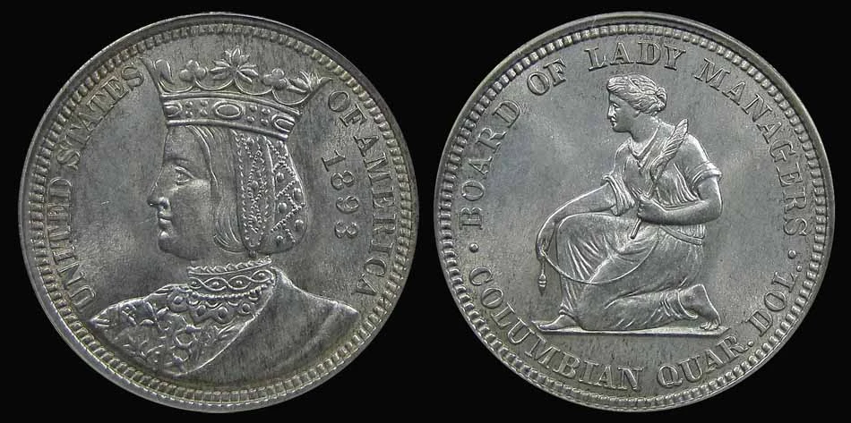 1893-World-Columbian-Exposition,-Isabella-Quarter-PCGS-MS-68+-Cac-Green-Toned-Schultz-On-Gc.