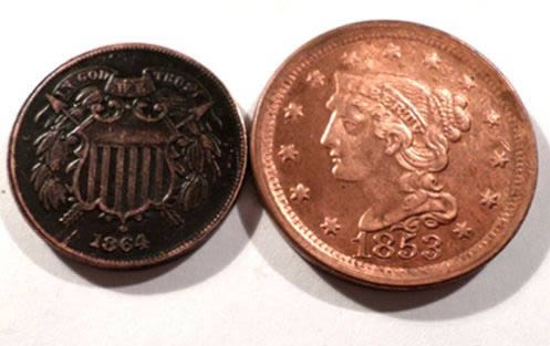 Counterfeit-1853-Large-Cent,-1864-2-Cents