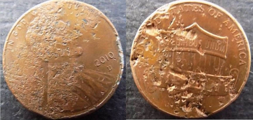 2010-D-Mint-Error-Penny,-Double-Struck,-Dime-Leaf-Pattern-Struck-Obv.-And
