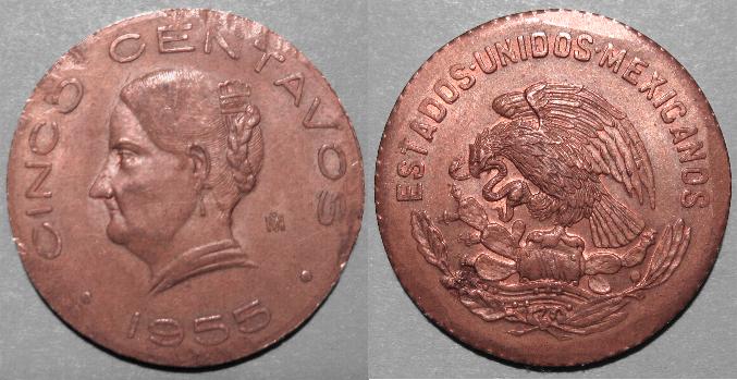 Mexico-1955-5-Centavos-On-Wrong-Planchet