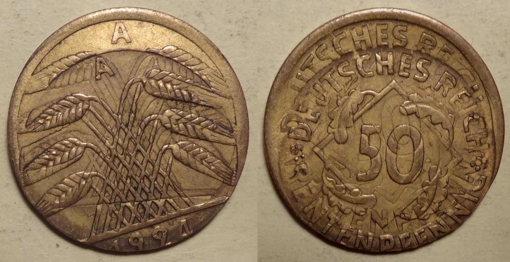 Germany---1924-D-50-Rentenpfennig-Double-Strike