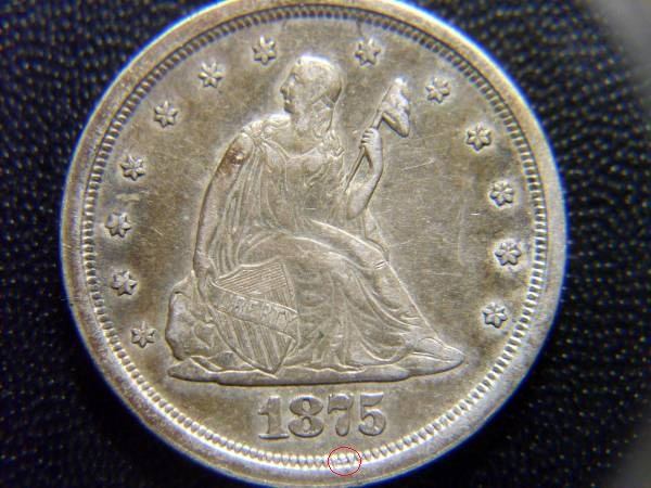 1875-S-Twenty-Cent-Piece-S/S,-Drop-Digit,-&-Rotated-Die
