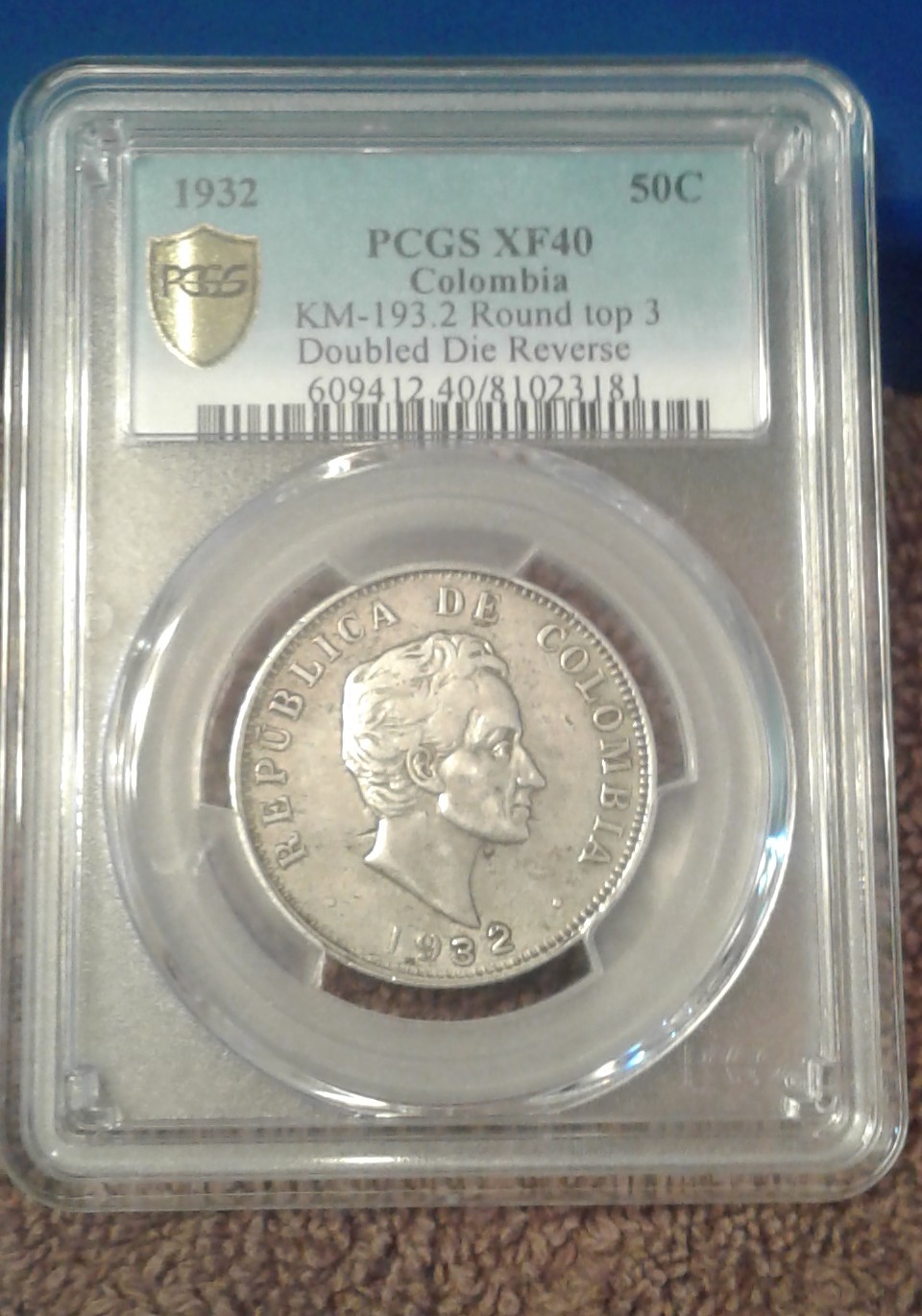 PCGS-1-St-Graded-1932-50-Cent-Colombia-Centravos-Round-Top-3-DDR-Variety.