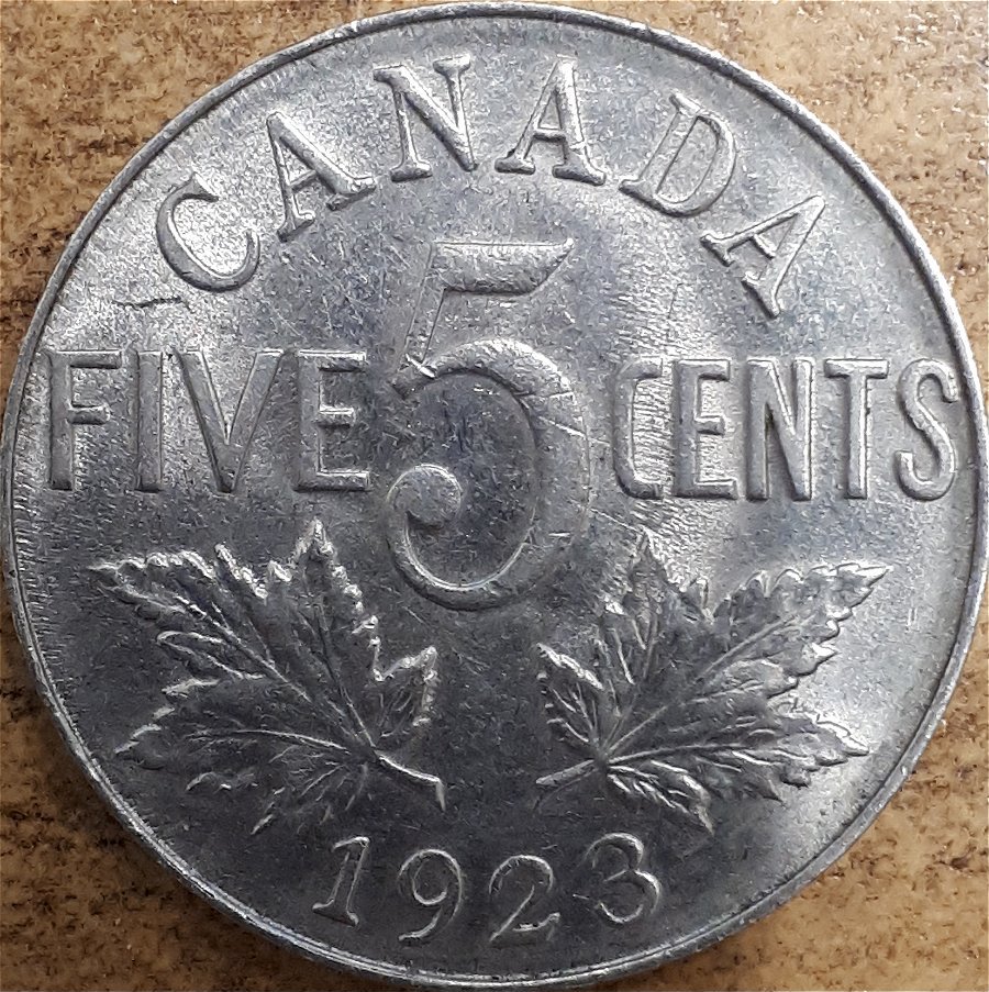 Canada--1923-5-Cent-With-Worn-Die,-For-Grading