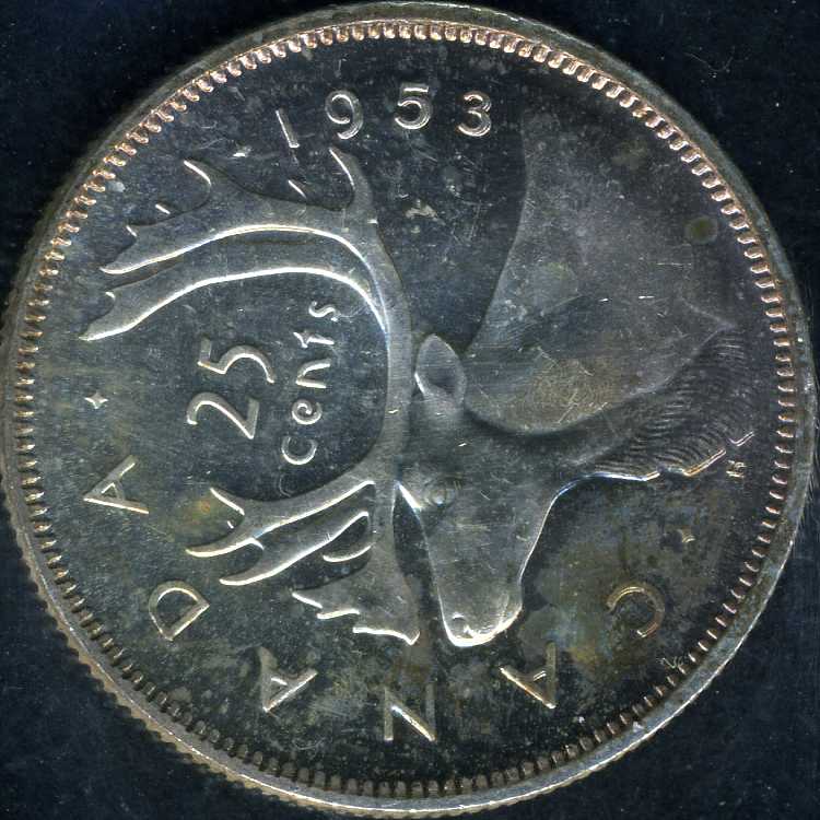 Canada-25-Cents-1953-Hub-Doubled,-Double-Die-Reverse,-Double-Date