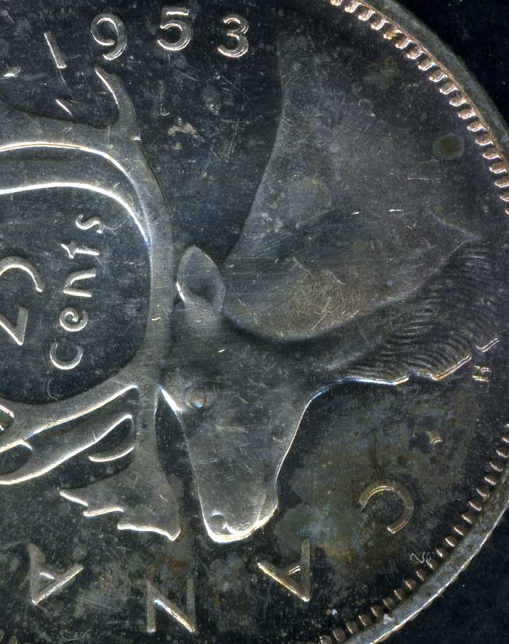 Canada-25-Cents-1953-Hub-Doubled,-Double-Die-Reverse,-Double-Date
