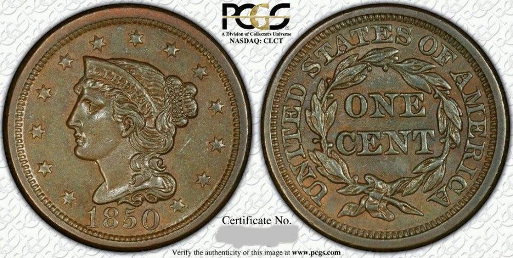 1850-Braided-Hair-Large-Cent-Vs.-PCGS-Grade-Added