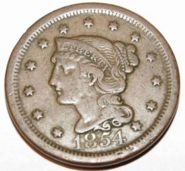 1854-Braided-Hair-Large-Cent,-Raw
