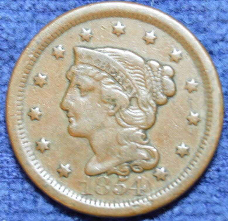 1854-Braided-Hair-Large-Cent,-Raw