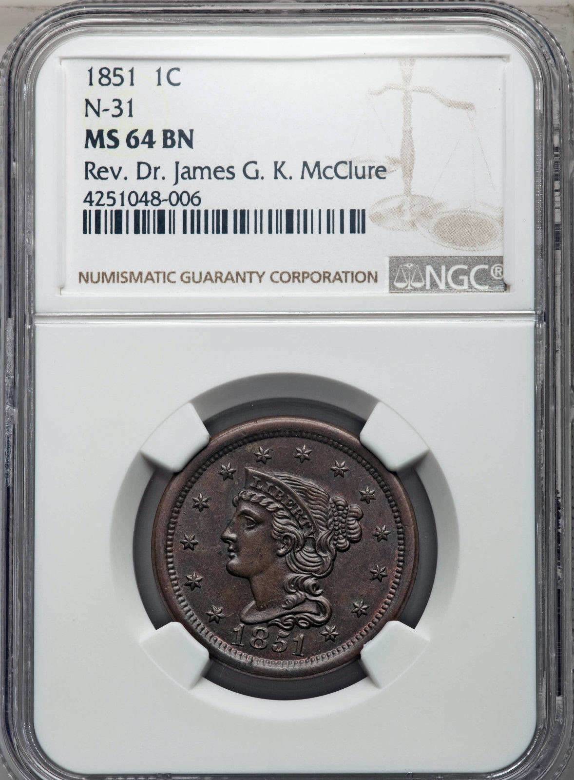 1851-Braided-Hair-Large-Cent,-N-31,-For-Grading-Vs.-NGC