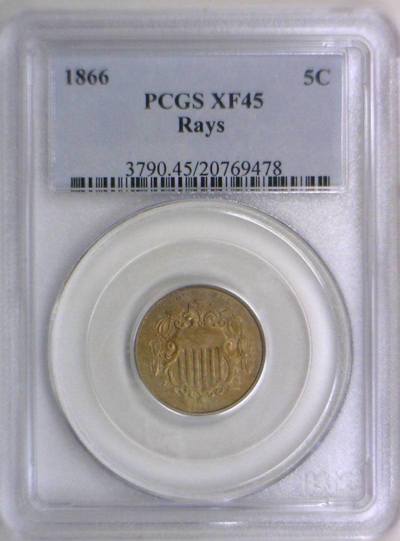 1866-Shield-Nickel-W/Rays-For-Grading-Vs.-PCGS