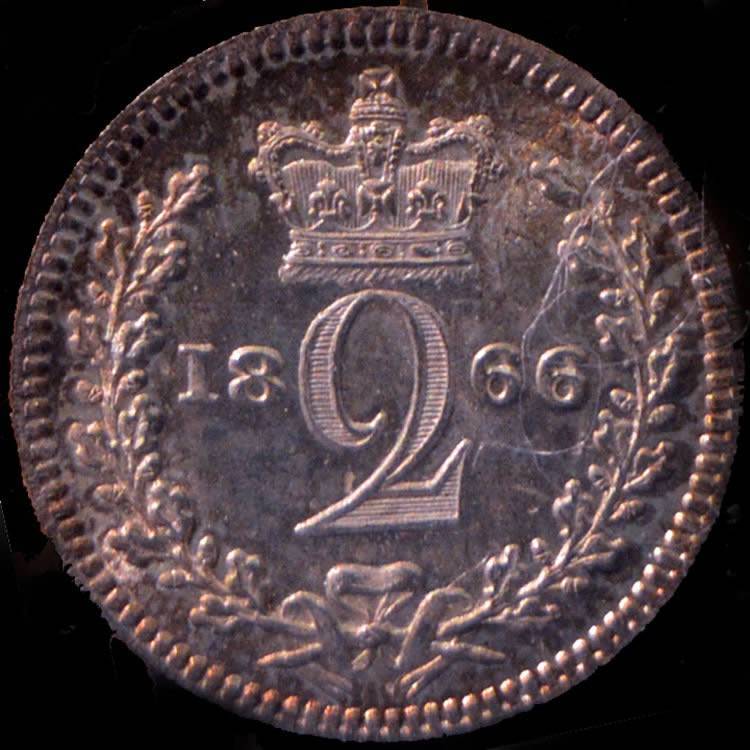 1866-Victoria-2-D-Maundy,-Nice-Prooflike-With-Toning