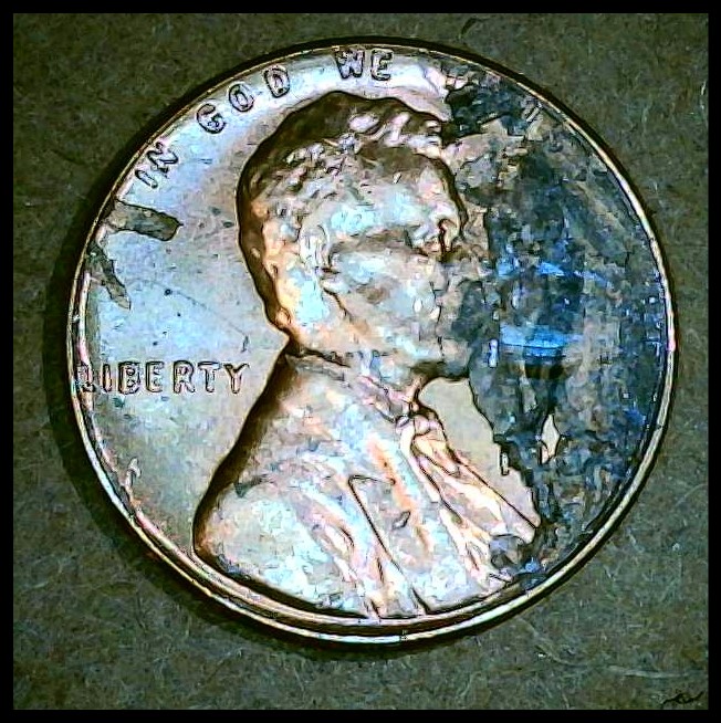 1964-P-Lincoln-Penny/Cent-Reverse-Lamination-Error.--Came-From-An-OBW-Roll.