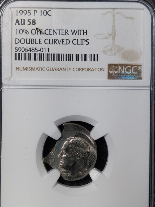 1995-P-10c-Roosevelt-10%-Off-Center-With-Double-Curved-Clips-NGC-AU-58