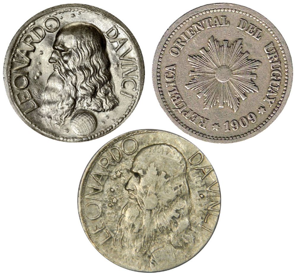 1940-Leonardo-Da-Vinci-Medal-Struck-Over-A-1909-Uruguay-2-Centesimos