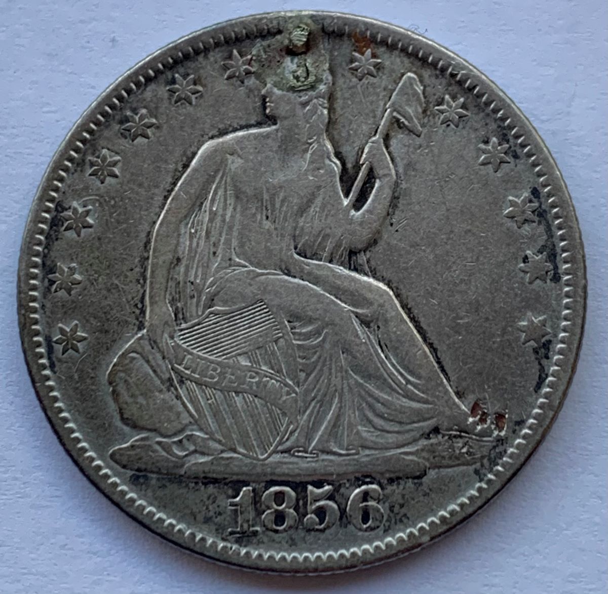Storecard-Love-Token---S.-B.-Underill-Carriage-Maker-Chenango-Forks-NY-On-An-1856-Seated-Half-Dollar