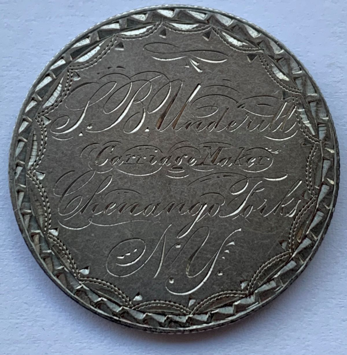 Storecard-Love-Token---S.-B.-Underill-Carriage-Maker-Chenango-Forks-NY-On-An-1856-Seated-Half-Dollar