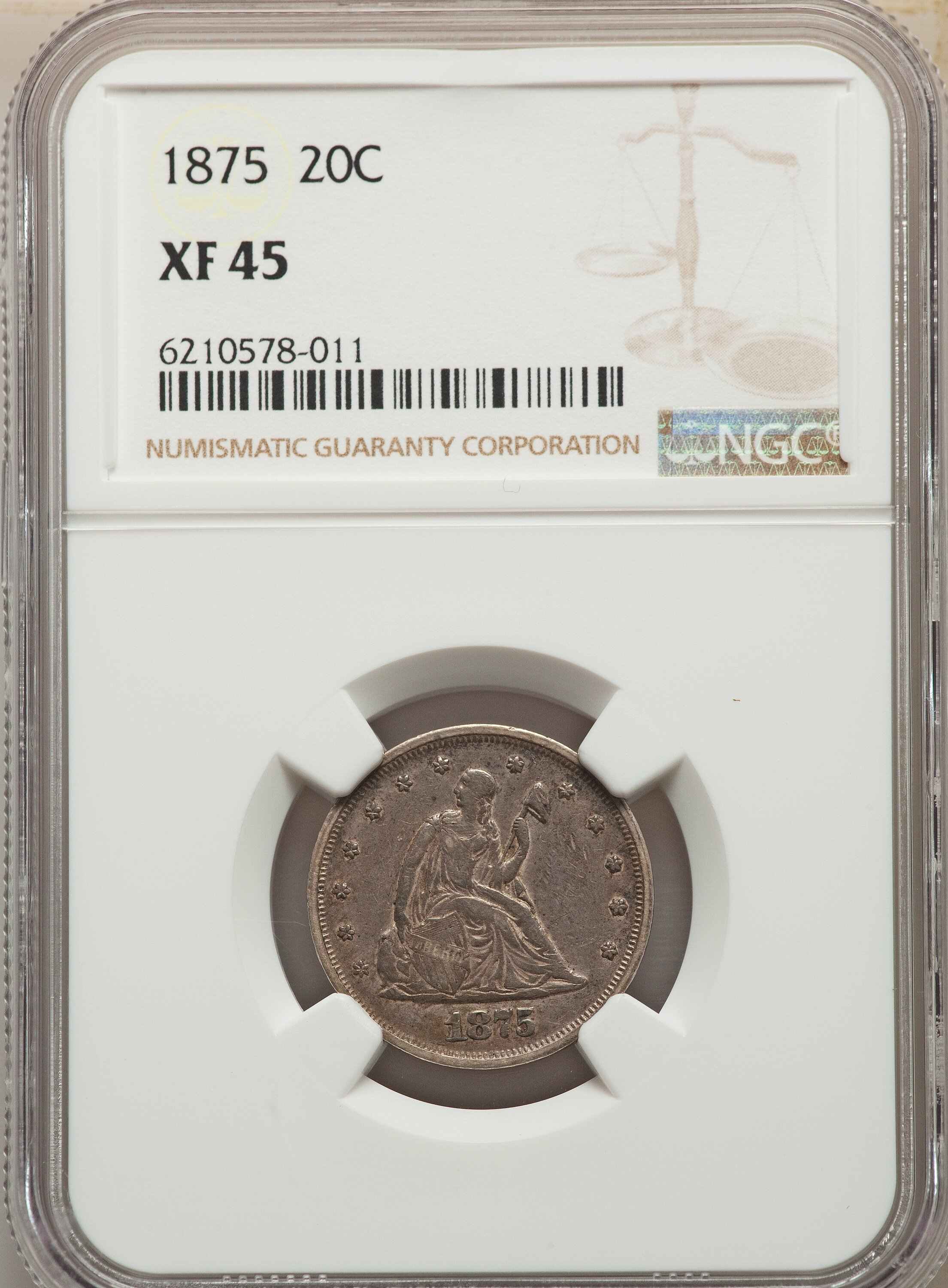 Extinct-Coinage:-1875-P-20c-Piece-From-Not-Graded-Correctly.
