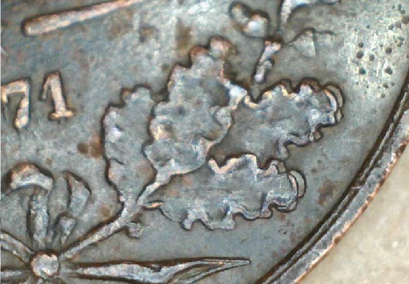 Sweden-1871-2-Ore---Repunched-Letters,-Die-Cracks,-Doubling