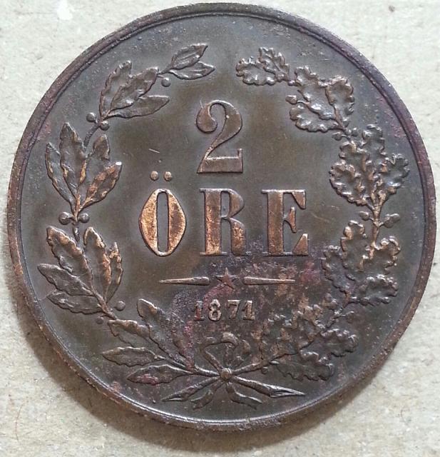 Sweden-1871-2-Ore---Repunched-Letters,-Die-Cracks,-Doubling