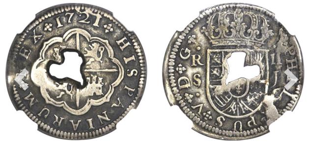 Possibly-A-1723-S,-2-Reales-Coin-Altered-In-Gibraltar-With-Heart-Cut-Out
