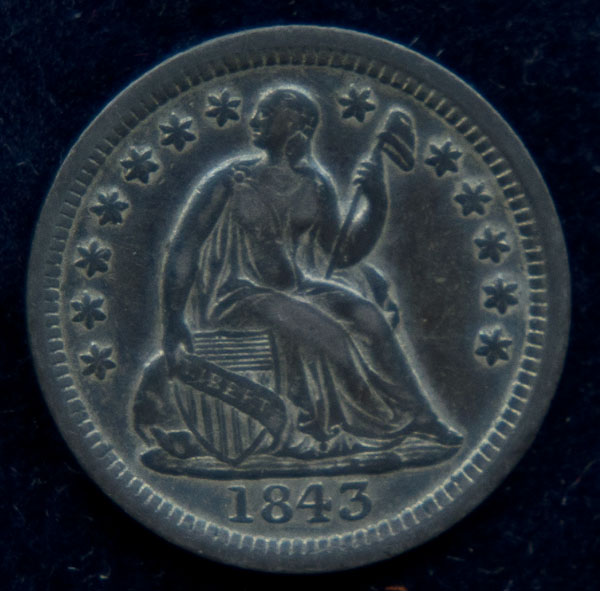 1843-Seated-Liberty-Half-Dime:-Dark-Toning-Looks-Great!