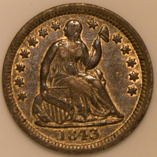 1843-Seated-Liberty-Half-Dime:-Dark-Toning-Looks-Great!