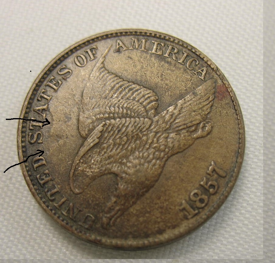 1857-Flying-Eagle-Cent,-Clashed?+-Small-Cud-Reverse-Or-Is-It-My-Eyes?