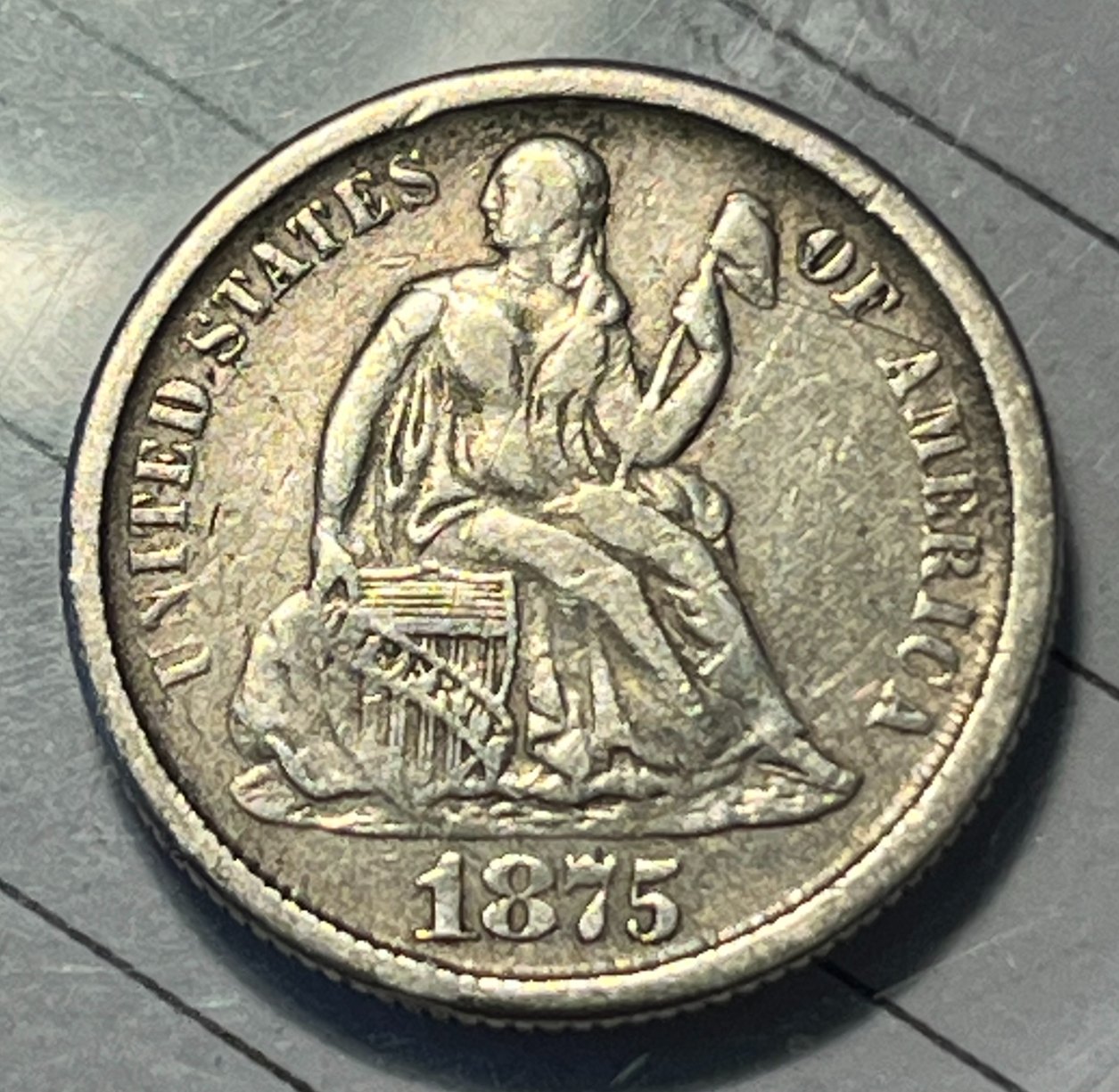 1875-CC-Seated-Dime,-F-111A?-Denticles-Weak-/Missing-What-Are-These-Marks