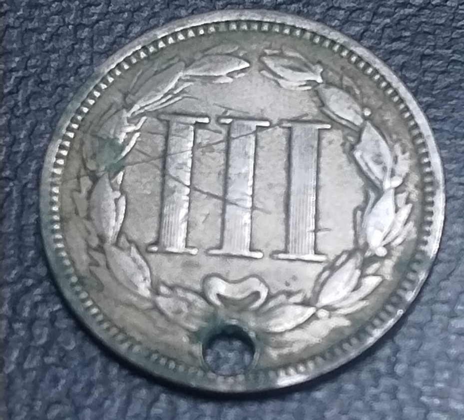 1865-Three-Cent-Nickel;-Uncommonly-Found-In-Rome-Low-Ball-Type-Coin