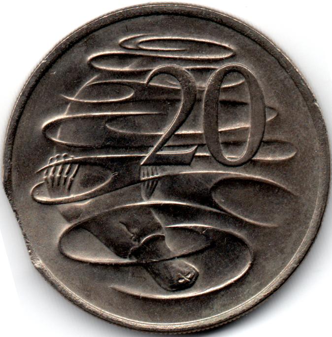 Australia-20-Cents-1982-Clipped-Planchet-/-Bitten-Rim