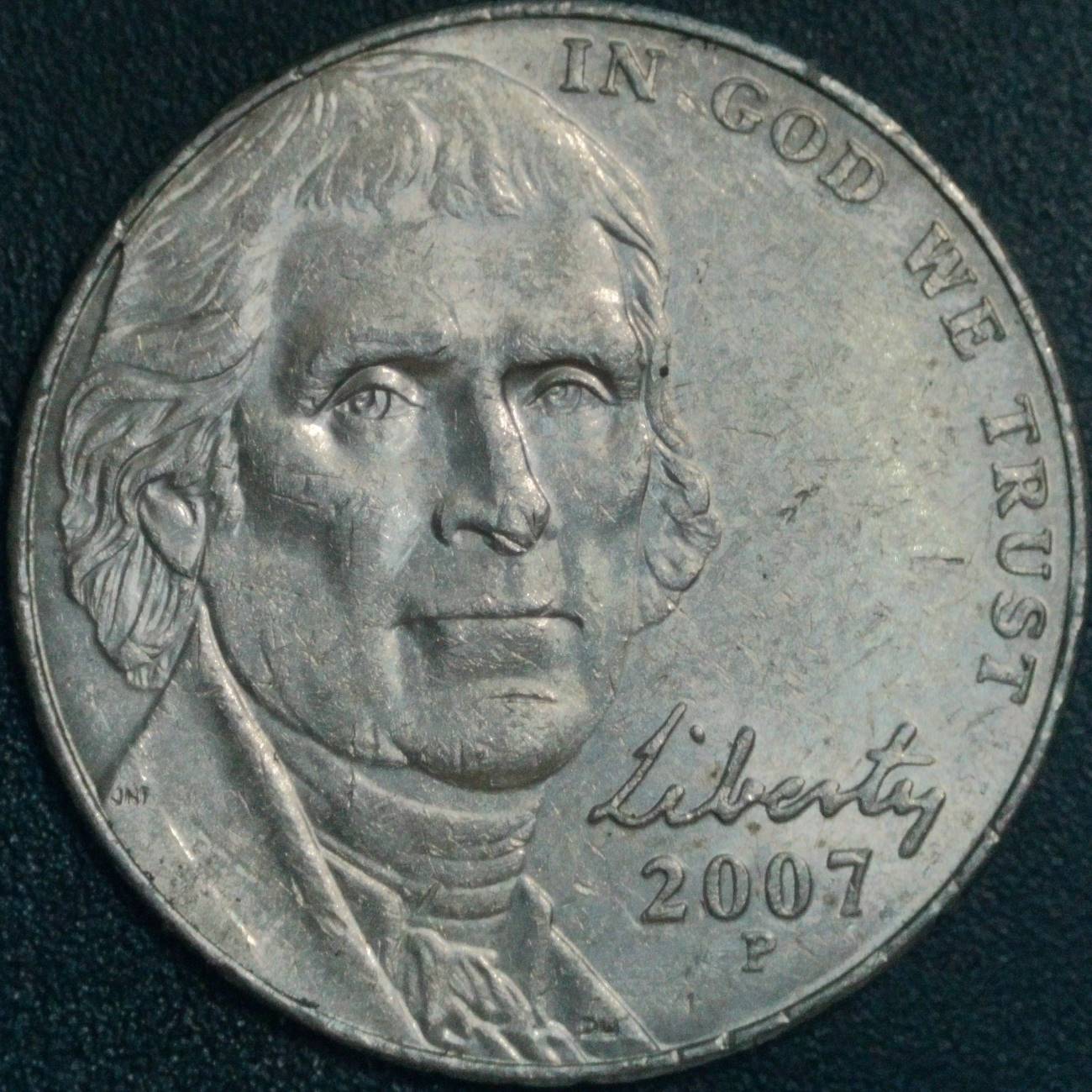 2007-P-Jefferson-Nickel:-Die-Chip-On-Side-Of-Memorial