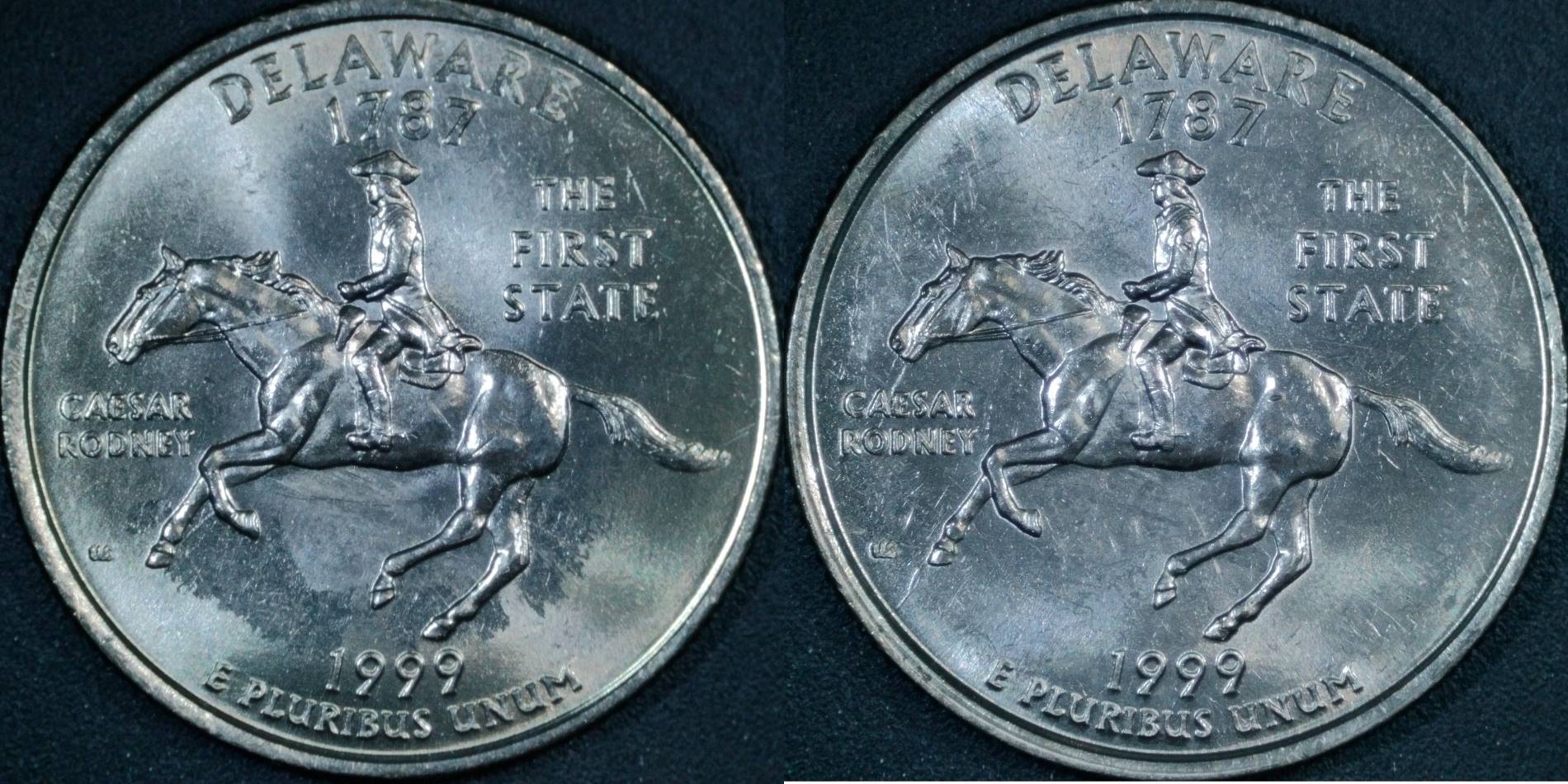 Pair-Of-1999-P-De-Quarters-With-Die-Chip-Between-A-And-E