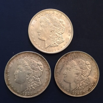 Three-1921-Morgan-Dollars