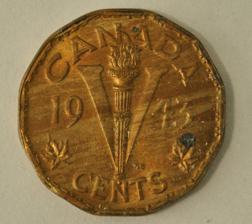 1943-Tombac-5-Cents-Lamination,-Woody,-Cracked-Planchet