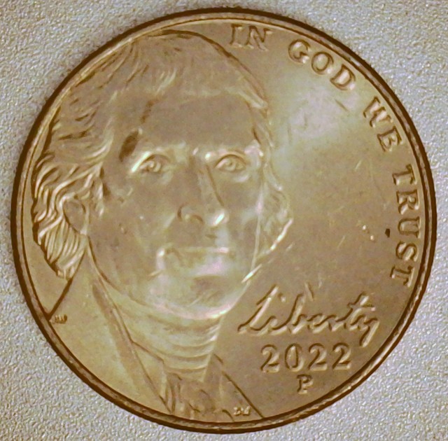 2022-P-Jefferson-Nickel-/-Found-Something-Else!-/-Heavy-Impression-Of-Unknown-Source