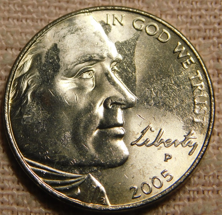 2005-P-Jefferson-Nickel-Oiv-From-US-Mint-Roll-With-Grease-Strike-Through?