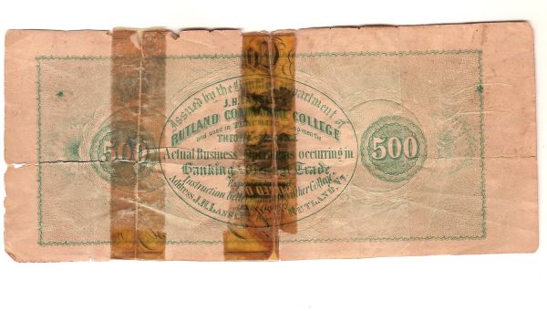 Obsolete-1800's-500-Dollar-Rutland-College-Bank-Note