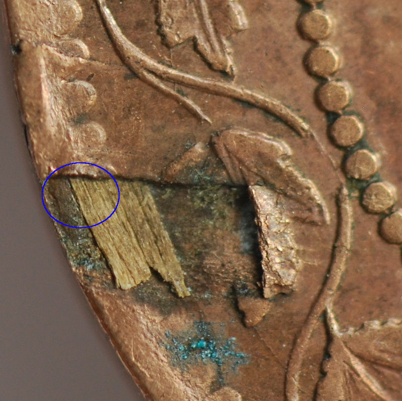1859-Provincial-Cent-With-Retained-Wood-Or-Fiber-Fragment?