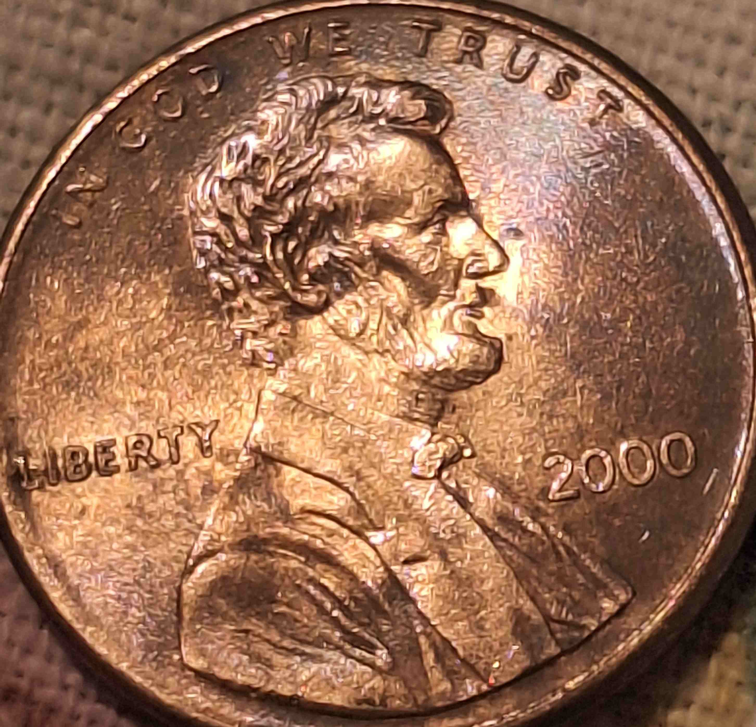 2000-Lincoln-Penny-Obverse---Strange-Pattern,-Doubled-On-Reverse-On-Ce