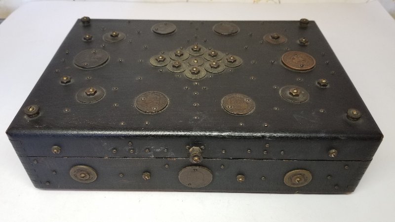 Antique-Box-With-World-Coins-All-Over-It...help-ID-Chinese-Coins-And-More!
