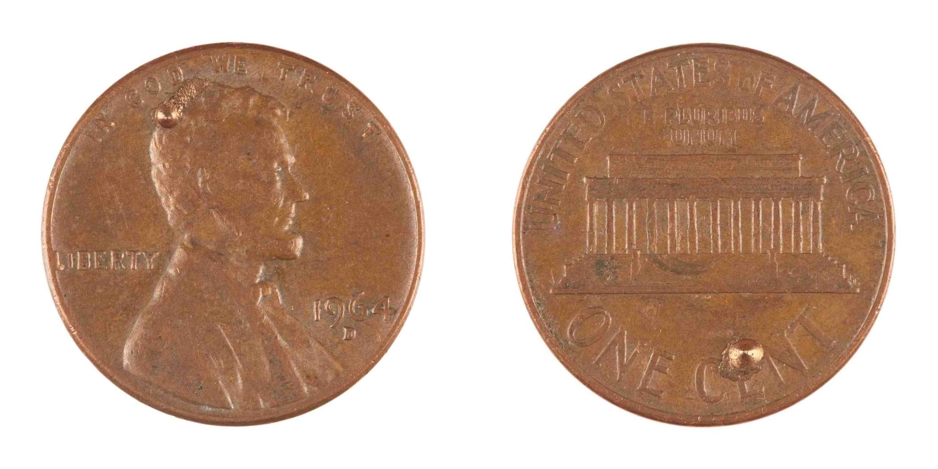 Copper-'Droplets'-Obverse-&-Reverse-On-US-Penny-1964-Denver